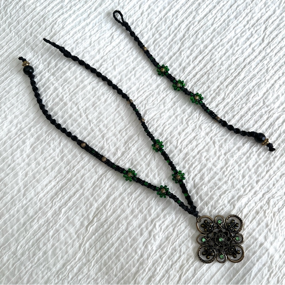 Macrame necklace and bracelet handmade bundle handmade black green metal beads